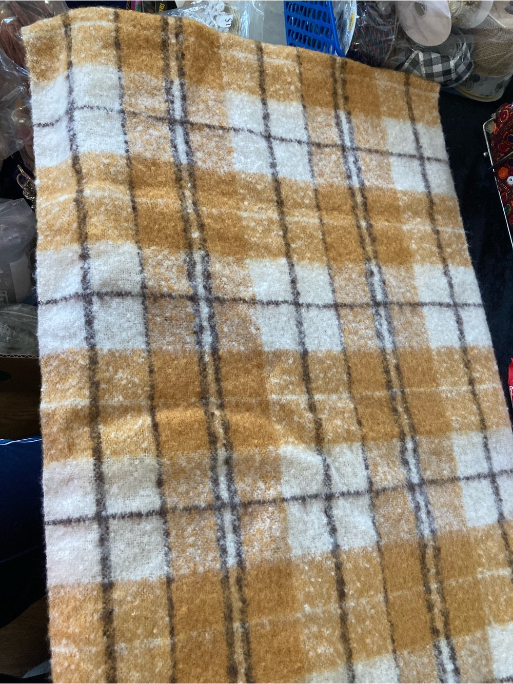Steve Madden Cream and Brown Plaid Soft Cozy Knit Scarf Extra Long & Wide Fringe